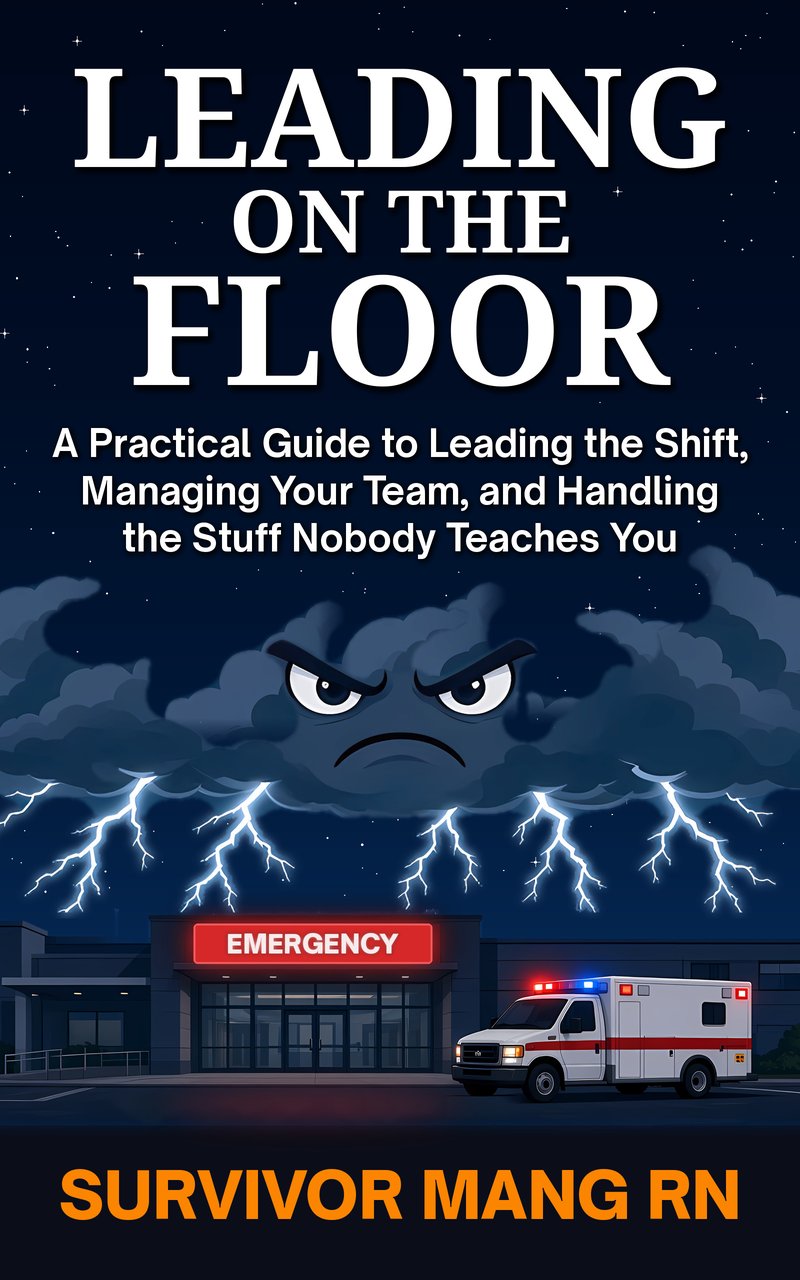 Cover of Leading on the Floor by Survivor Mang RN: a scowling storm cloud with lightning over a hospital emergency entrance and an ambulance at night